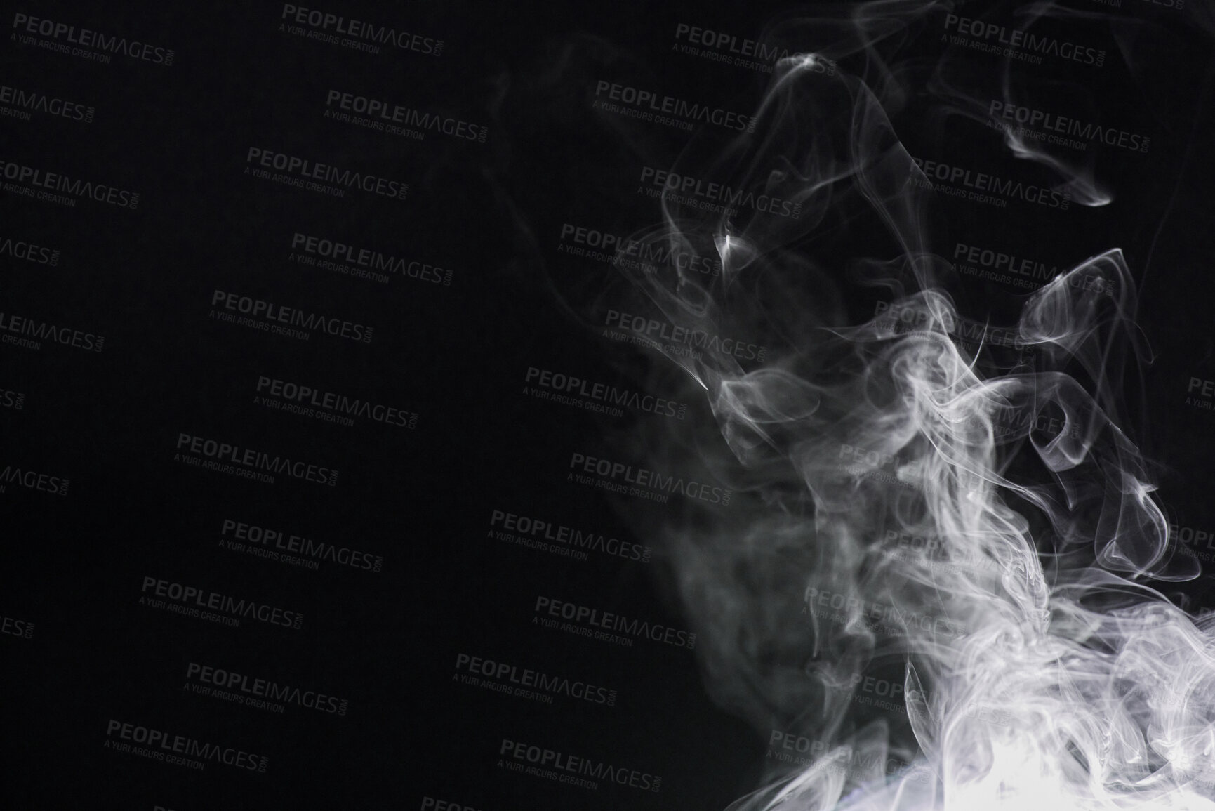 Buy stock photo Smoke, dark background and incense, fog or gas on mockup space wallpaper. Cloud, smog and magic effect on black backdrop of steam with abstract texture, dry ice pattern or vapor of mist moving in air
