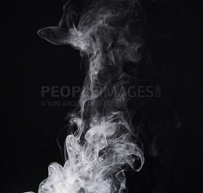 Buy stock photo Abstract smoke, black background and mockup space with gloomy fog, creative art and magic effect. Vapor, dry ice or mystical swirl with special effects in studio, gas or smog with white puff by steam