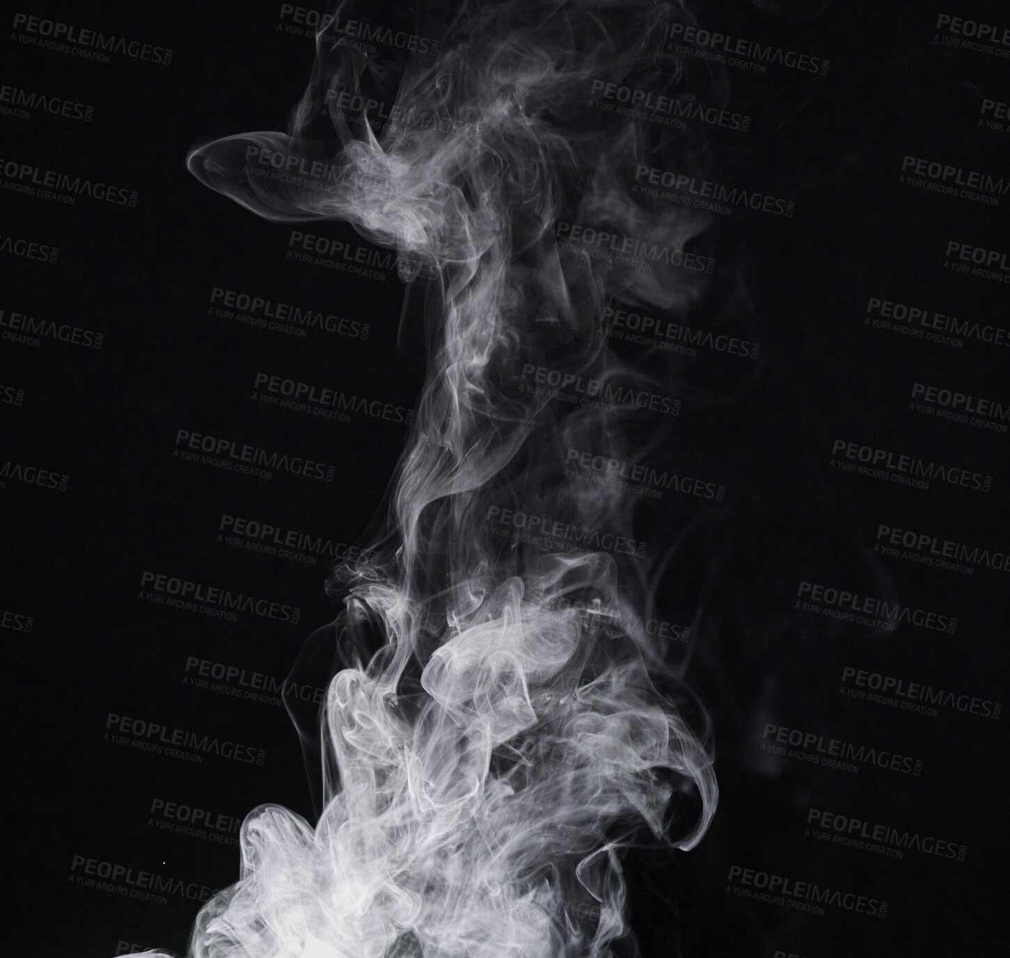 Buy stock photo Abstract smoke, black background and mockup space with gloomy fog, creative art and magic effect. Vapor, dry ice or mystical swirl with special effects in studio, gas or smog with white puff by steam