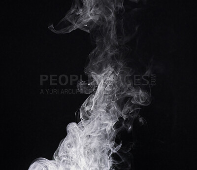 Buy stock photo Smoke, mist or gas in a studio with dark background by mockup space for magic effect with abstract. Incense, steam or vapor fog moving in air for cloud smog pattern by black backdrop with mock up.