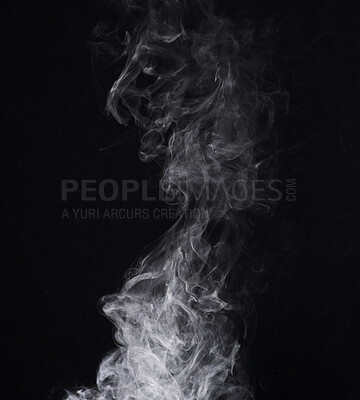 Buy stock photo Incense, steam or gas in a studio with dark background by mockup space for magic effect with abstract. Fog, smoke or vapor mist moving in air for cloud smog pattern by black backdrop with mock up.