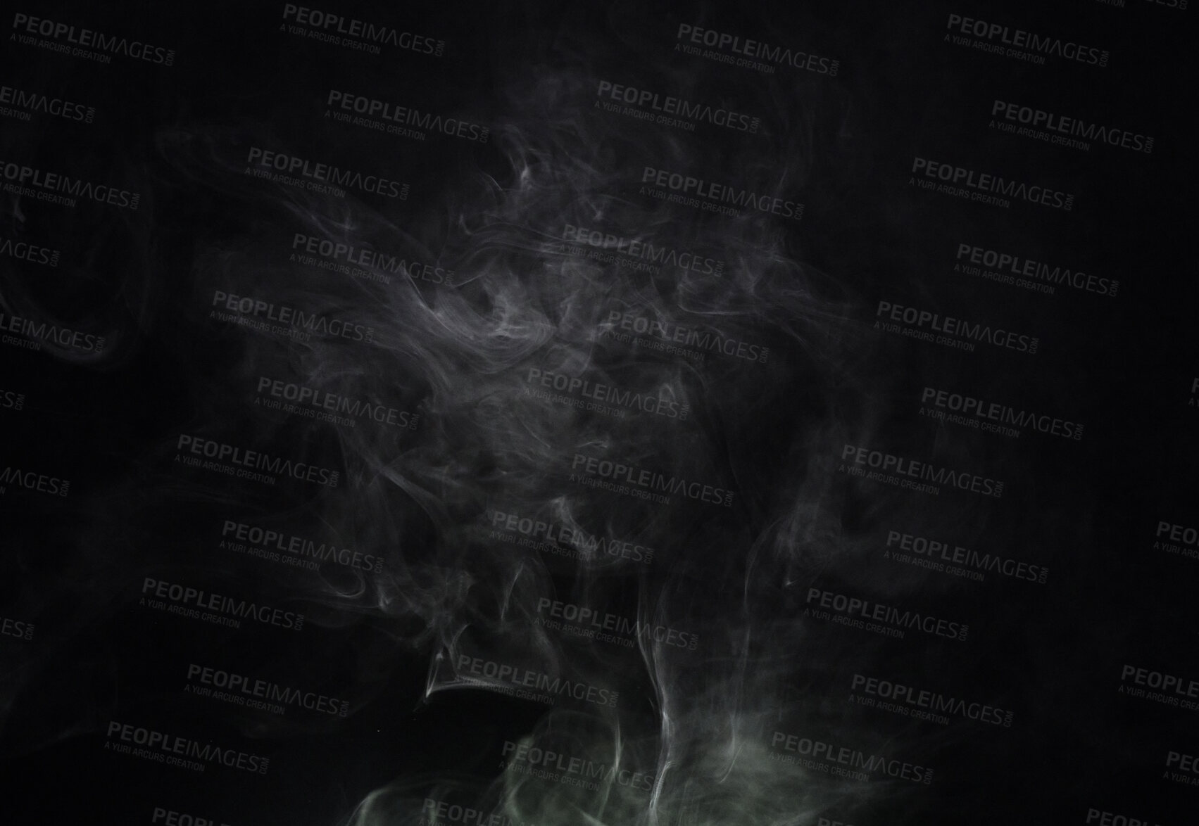 Buy stock photo Smoke, black background and incense, fog or gas on mockup space wallpaper. Cloud, smog and magic effect on dark backdrop of steam with abstract texture, pollution pattern or mist vapor moving in air