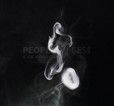 Buy stock photo Smoke, dark background and mist, fog or gas on mockup space wallpaper. Cloud, smog and magic effect on black backdrop of steam with abstract texture, dry ice pattern or vapor of incense moving in air