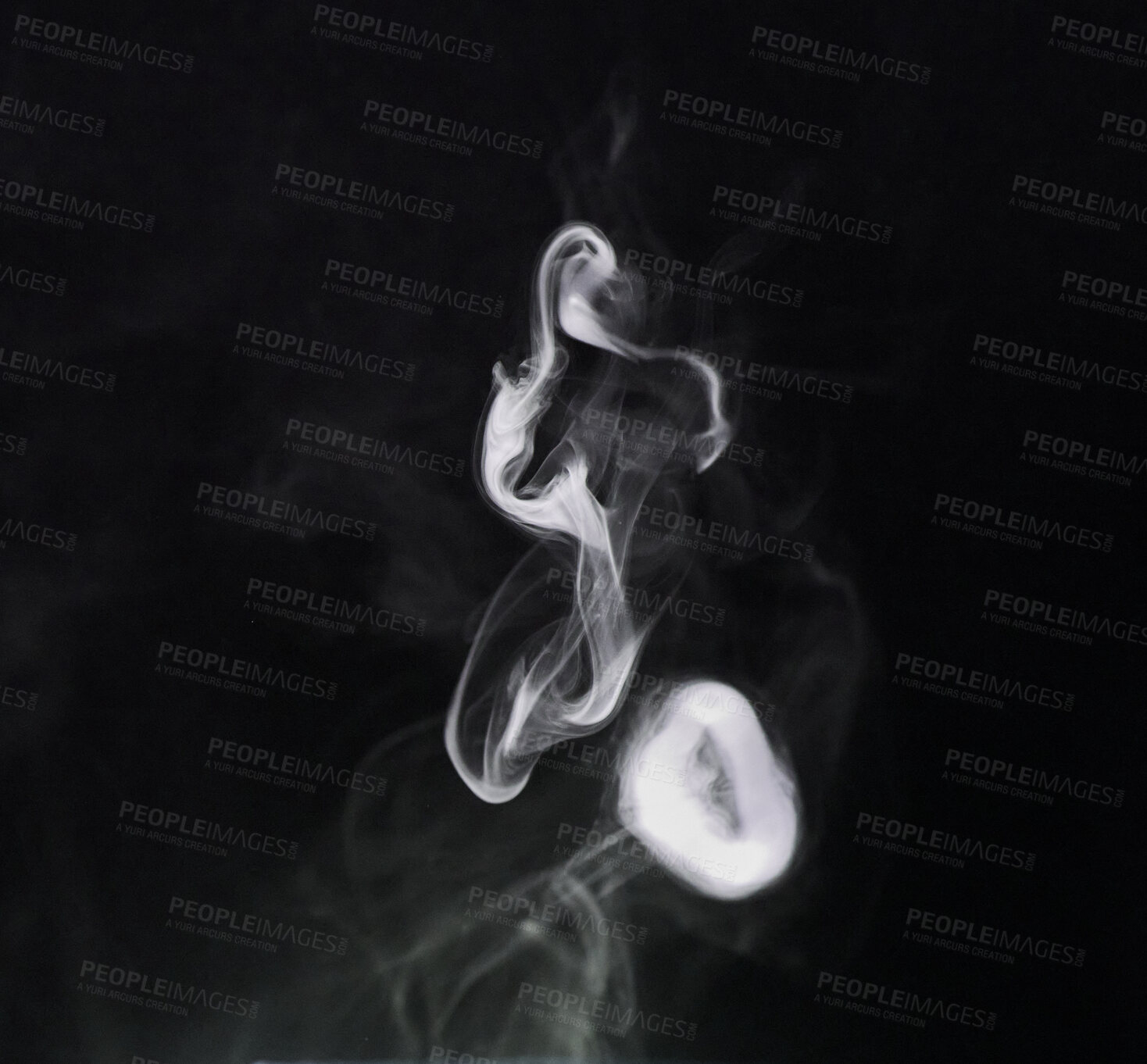 Buy stock photo Smoke, dark background and mist, fog or gas on mockup space wallpaper. Cloud, smog and magic effect on black backdrop of steam with abstract texture, dry ice pattern or vapor of incense moving in air