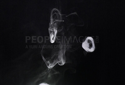 Buy stock photo Smoke, fog and air puff on dark background, vapor wave with cloud of gas and fantasy in a studio. Texture, steam or spray with mystery, incense or mist, dry ice with special effects and moving smog