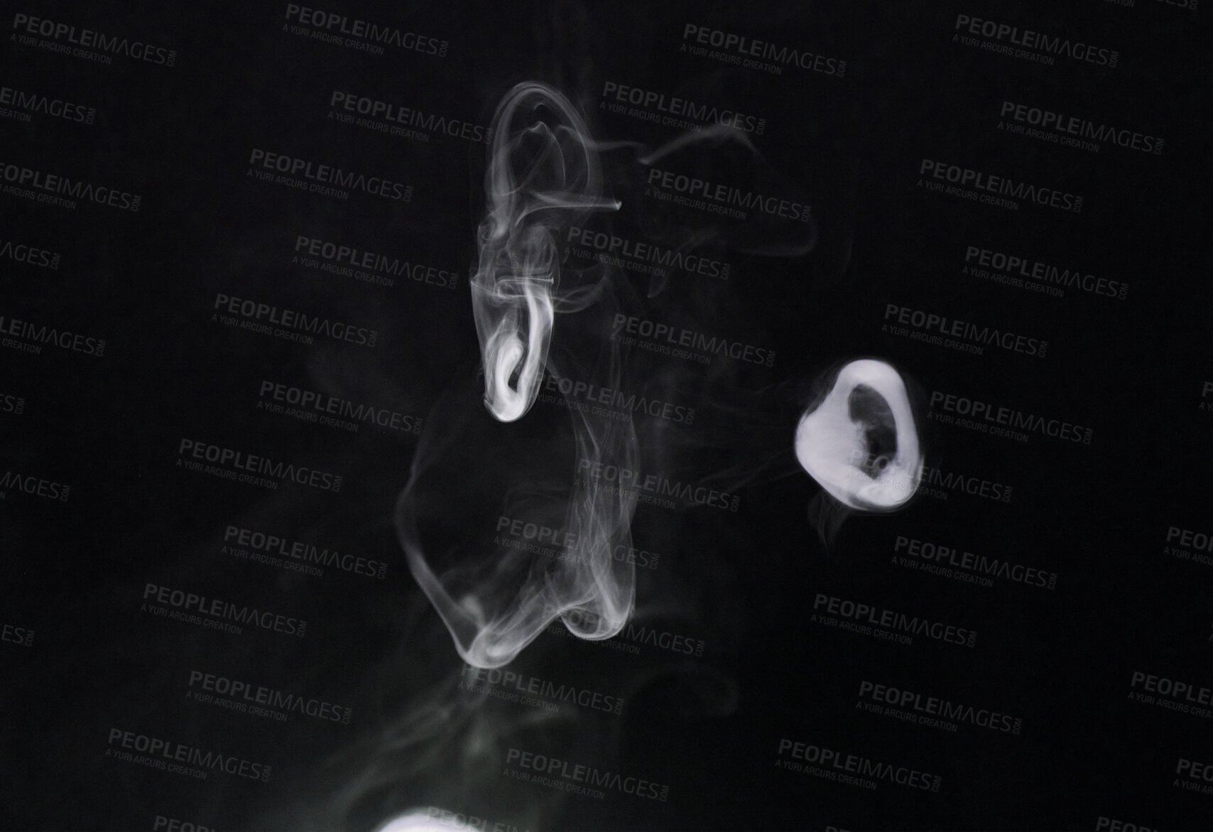 Buy stock photo Smoke, fog and air puff on dark background, vapor wave with cloud of gas and fantasy in a studio. Texture, steam or spray with mystery, incense or mist, dry ice with special effects and moving smog