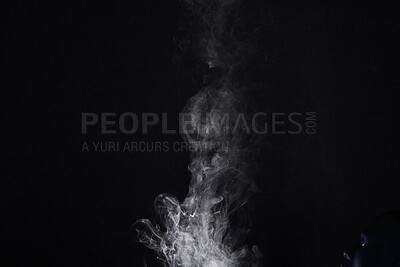 Buy stock photo Smoke, vapor or gas in a studio with dark background by mockup space for magic effect with abstract. Incense, steam or fog mist moving in air for cloud smog pattern by black backdrop with mock up.