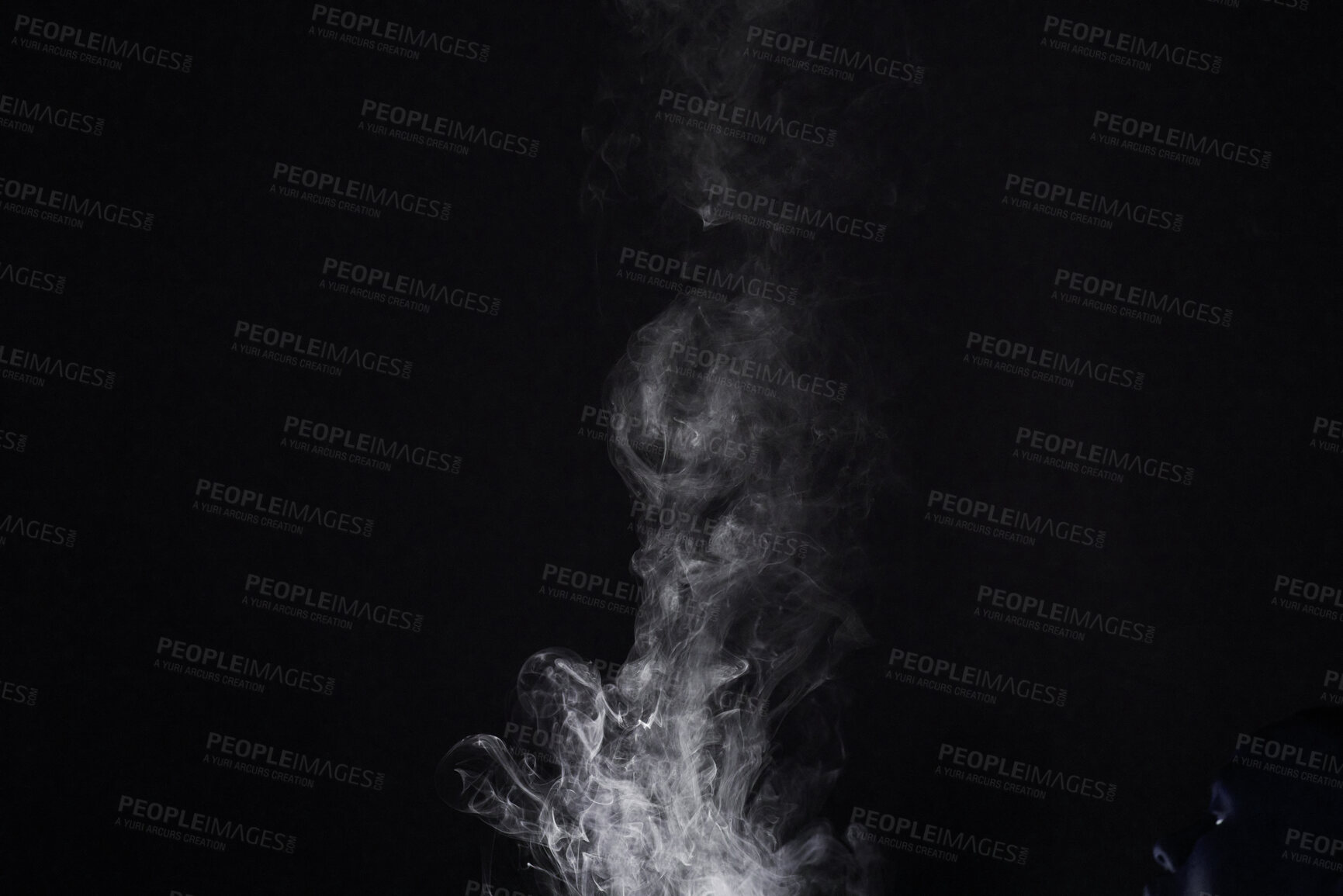 Buy stock photo Smoke, vapor or gas in a studio with dark background by mockup space for magic effect with abstract. Incense, steam or fog mist moving in air for cloud smog pattern by black backdrop with mock up.