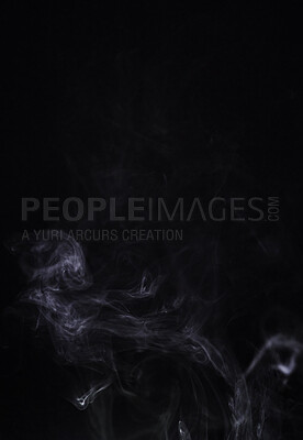 Buy stock photo Smoke, gas or pollution with incense on dark background, fog or mist with vapor and mockup space in studio. Dry ice, pattern and texture with environment, steam and air with black backdrop and smog