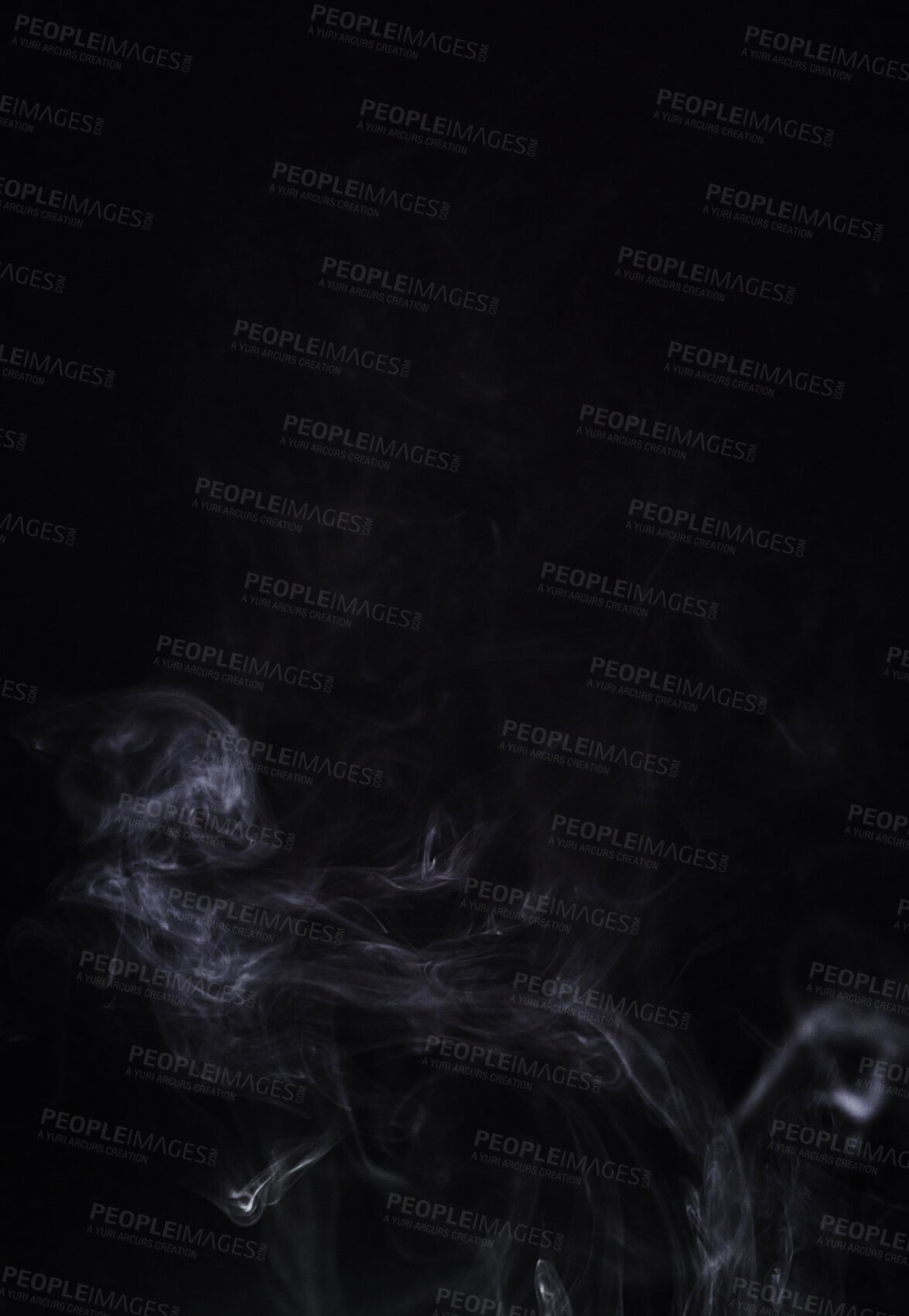 Buy stock photo Smoke, gas or pollution with incense on dark background, fog or mist with vapor and mockup space in studio. Dry ice, pattern and texture with environment, steam and air with black backdrop and smog