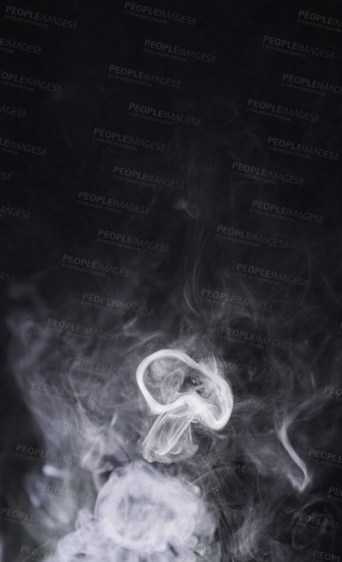 Buy stock photo Smoke, black background and steam, fog or gas on mockup space wallpaper. Cloud, smog and magic effect on dark backdrop of mist with abstract texture, pollution pattern or incense vapor moving in air