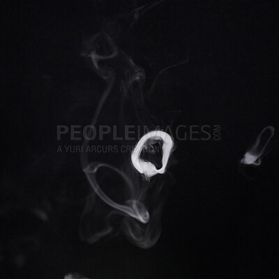 Buy stock photo Smoke, steam or pollution with incense on dark background, fog or mist with vapor and mockup space in studio. Dry ice, pattern and texture with environment, gas and air with black backdrop and smog