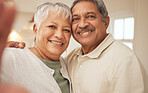 Selfie, smile and senior couple in home with love, support and portrait of marriage in retirement together. Digital photography, face of happy man and old woman in apartment to post on social media.