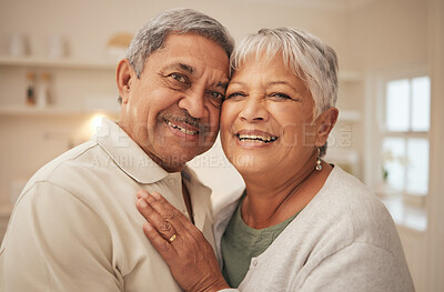 Buy stock photo Portrait, smile and senior couple in home with love, support or romantic marriage in retirement together. Embrace, face of happy man and old woman in apartment with hug, commitment to care or loyalty