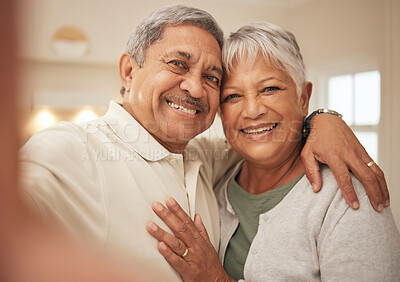 Buy stock photo Selfie, love and senior couple in home with smile, support and portrait of marriage in retirement together. Digital photography, face of happy man and old woman in apartment to post on social media.