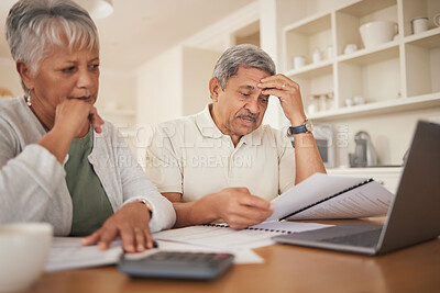 Buy stock photo Debt, stress and senior couple with financial, bills and budget at computer with paperwork. Anxiety, banking problem and savings planning for pension and retirement in a home with web tax notes