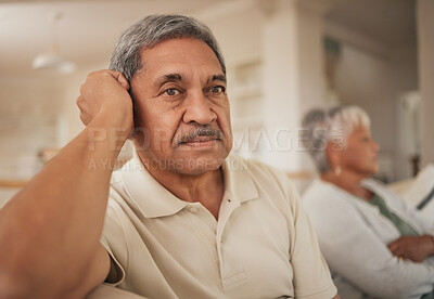 Buy stock photo Divorce, stress and senior couple in a living room with depression, angry or argue at home. Marriage, fail and face of elderly man in a lounge with frustrated woman for erectile dysfunction crisis