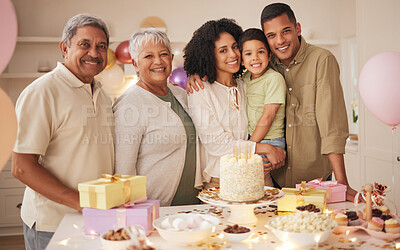 Buy stock photo Family, birthday party and generations in portrait, celebration with cake and grandparents, parents and child with smile. Special event, dessert and people at home with bakery food, happy and fun