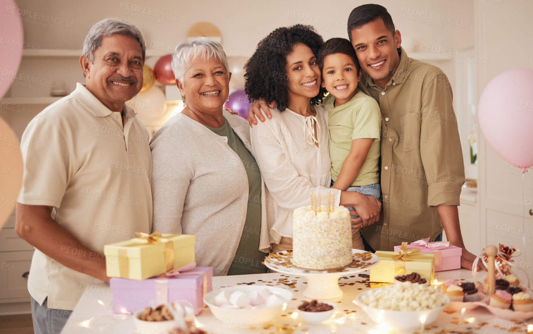 Buy stock photo Family, birthday party and generations in portrait, celebration with cake and grandparents, parents and child with smile. Special event, dessert and people at home with bakery food, happy and fun