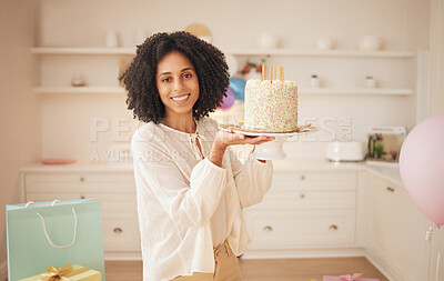 Buy stock photo Birthday cake, woman and portrait at home with a smile from celebration and dessert in kitchen. Happy, African female person and food for party and event with candles and hungry for a snack at house