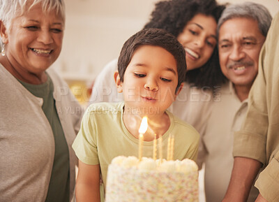 Buy stock photo Birthday party, happy family and child with cake blowing candle in a home for event to celebrate together in a house. Grandparents, happiness and kid excited for gathering, surprise and gift