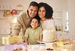 Family, birthday cake and portrait with mother, father and kid with present at home with smile. Gift, parents and happy boy in a kitchen with dessert, giving and event with party food and celebration