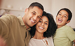 Happy family, love and selfie in a living room with hug, care and fun in their home together. Portrait, bond and excited boy chid with mother, father and smile for profile picture, memory or photo