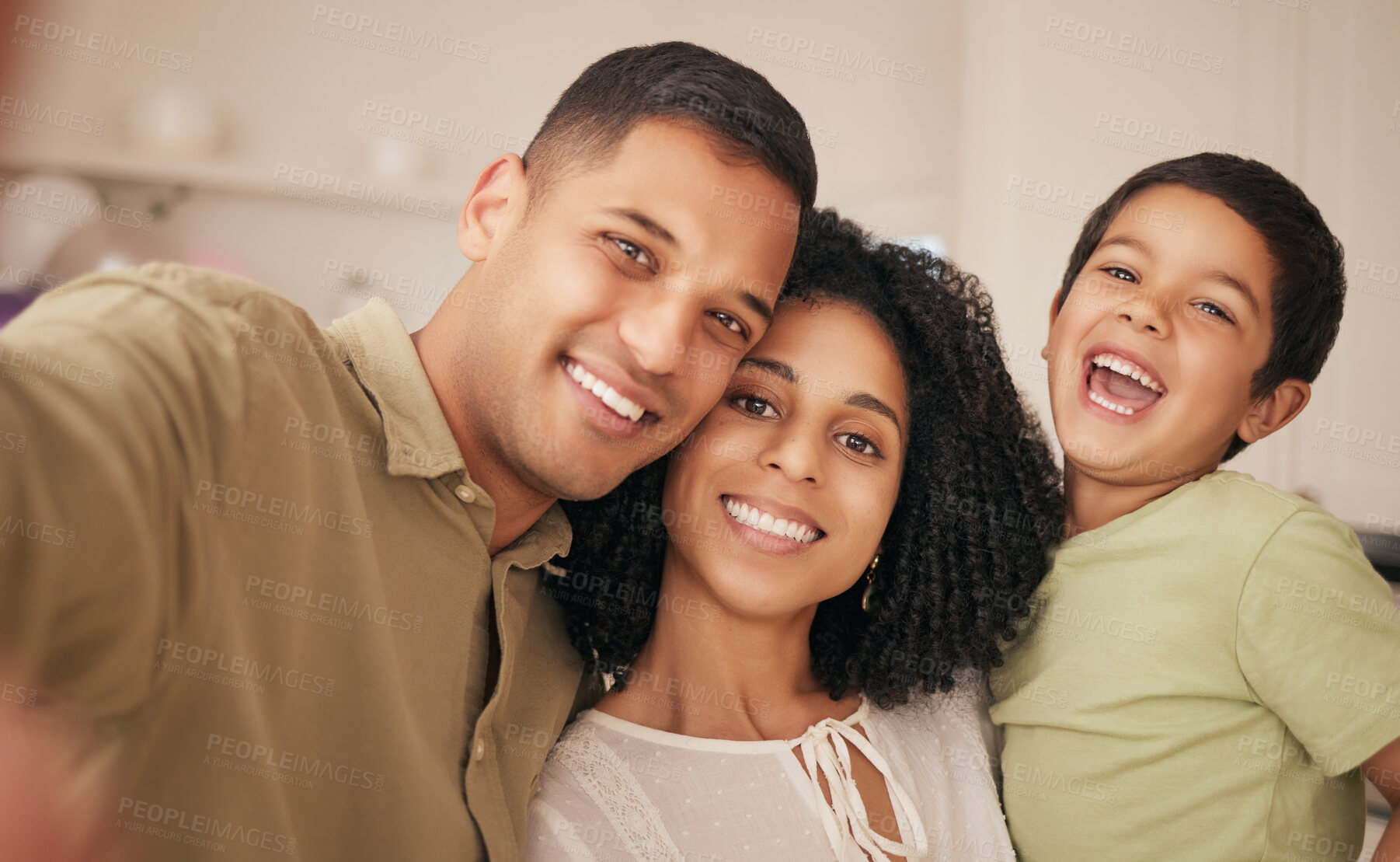 Buy stock photo Happy family, love and selfie in a living room with hug, care and fun in their home together. Portrait, bond and excited boy chid with mother, father and smile for profile picture, memory or photo