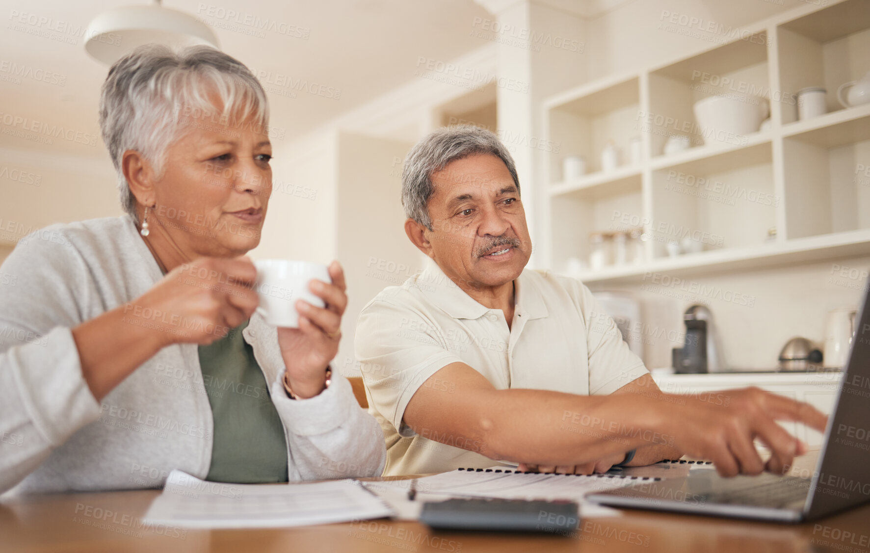 Buy stock photo Senior couple, budget and laptop in home for planning loan, investment or financial administration. Man, woman and finance at computer for retirement, savings and banking of insurance, pension or tax