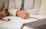 People, hands and writing with pen on documents for application, form or contract together at home. Closeup of couple filling in paperwork for finance, investment or signature on legal policy or desk