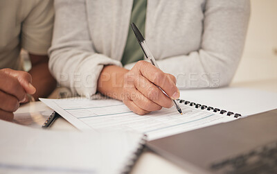 Buy stock photo People, hands and writing with pen on documents for application, form or contract together at home. Closeup of couple filling in paperwork for finance, investment or signature on legal policy or desk