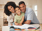 Portrait, mom and dad with kid for home school, project and learning for knowledge, education and studying. Happy boy child, mother and father with books for reading, writing and helping development