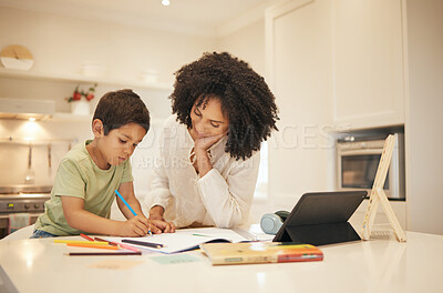 Buy stock photo Mother, child and writing for home education, e learning and family support for creative development. Interracial mom and boy kid with books and drawing for online school, guide or teaching on tablet