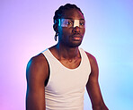 Man, virtual reality or futuristic sunglasses for fashion, designer brand and style in studio on neon background. Young african person in trendy vaporwave and technology, vision or metaverse glasses