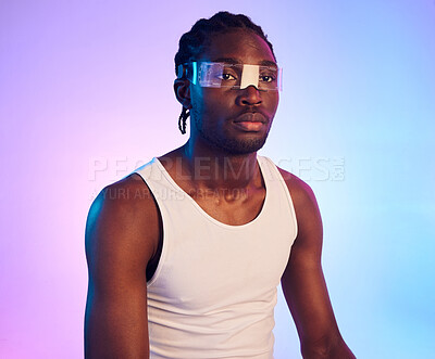 Buy stock photo Man, virtual reality or futuristic sunglasses for fashion, designer brand and style in studio on neon background. Young african person in trendy vaporwave and technology, vision or metaverse glasses