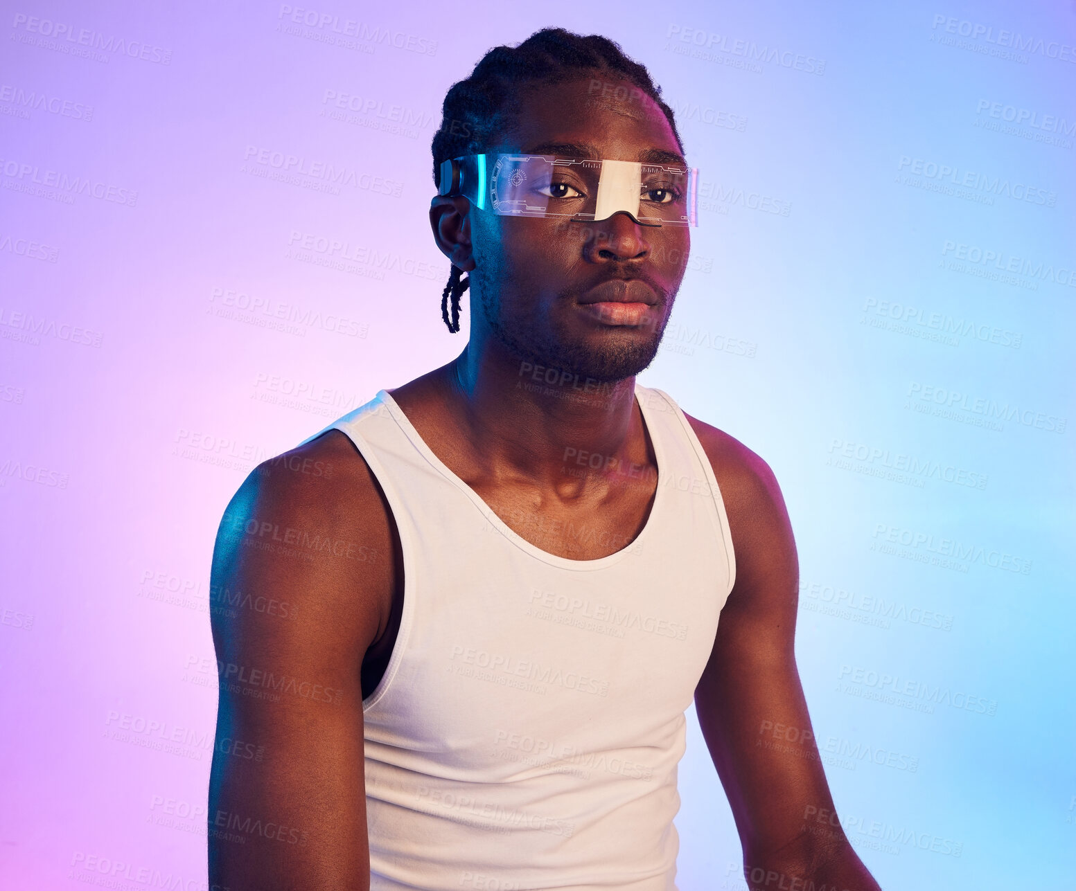 Buy stock photo Man, virtual reality or futuristic sunglasses for fashion, designer brand and style in studio on neon background. Young african person in trendy vaporwave and technology, vision or metaverse glasses