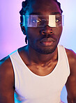 Man, vr or futuristic sunglasses in portrait for fashion, designer brand and style in studio on a neon background. Face of african person in trendy tech, virtual reality vision and metaverse glasses