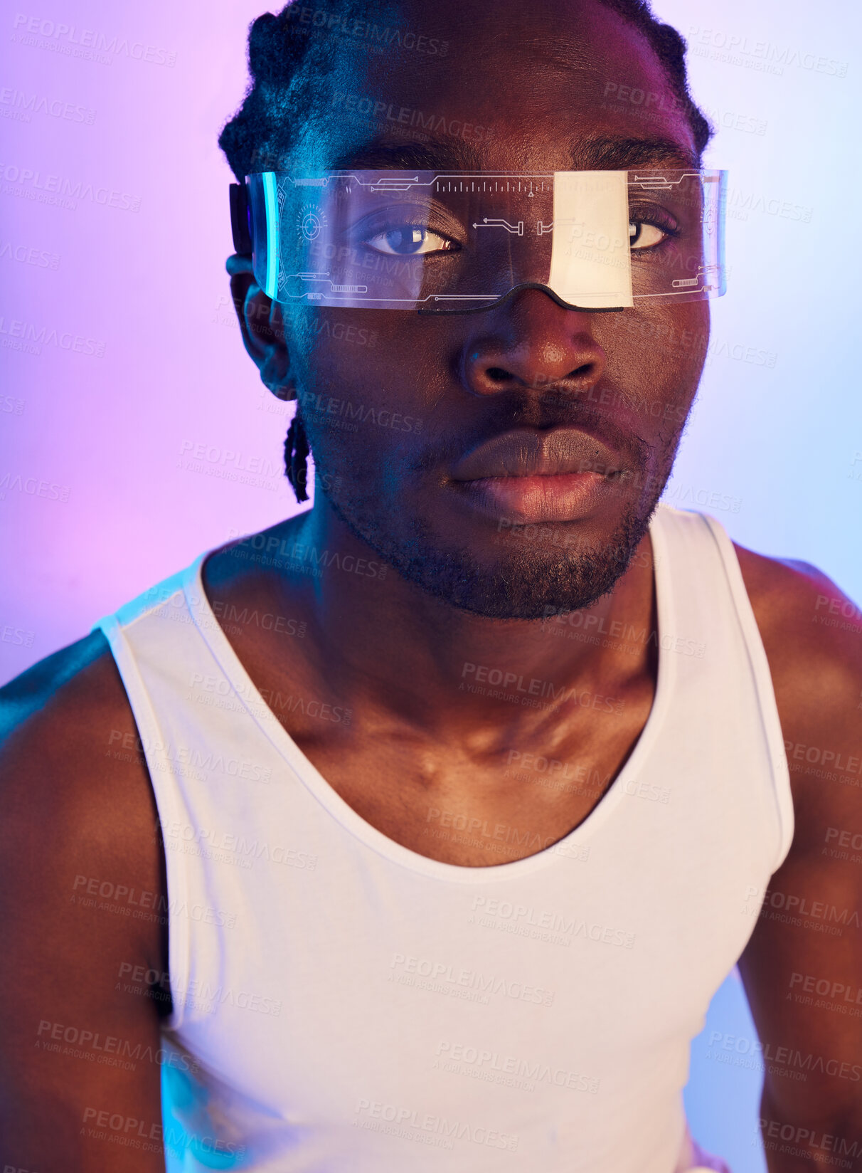 Buy stock photo Man, vr or futuristic sunglasses in portrait for fashion, designer brand and style in studio on a neon background. Face of african person in trendy tech, virtual reality vision and metaverse glasses