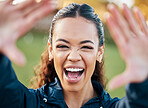 Selfie, face and an excited woman with energy outdoor for freedom or wellness on a blurred background in nature. Portrait, travel and adventure with a happy young person looking positive in summer