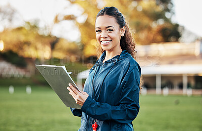 Buy stock photo Coach, sports and portrait of woman with clipboard on field for training, planning and game strategy. Happy, writing and personal trainer outdoors for exercise, workout schedule and fitness routine