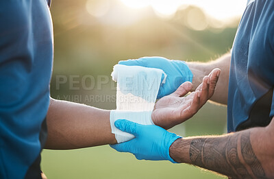 Buy stock photo Sports, injury and man with bandage on wrist for accident, emergency and first aid for muscle sprain. Fitness, healthcare and medic with athlete with arm pain from exercise, workout and training