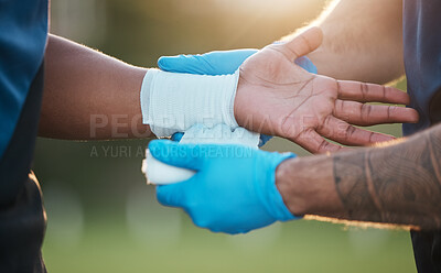 Buy stock photo Sports, wrist injury and people with bandage for accident, emergency and first aid for muscle sprain. Fitness, healthcare and medic with athlete with arm pain from exercise, workout and training
