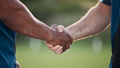 Buy stock photo People, handshake and team sports for motivation, meeting or partnership together in nature. Closeup of athlete shaking hands in fitness, unity or teamwork for training, workout or outdoor exercise