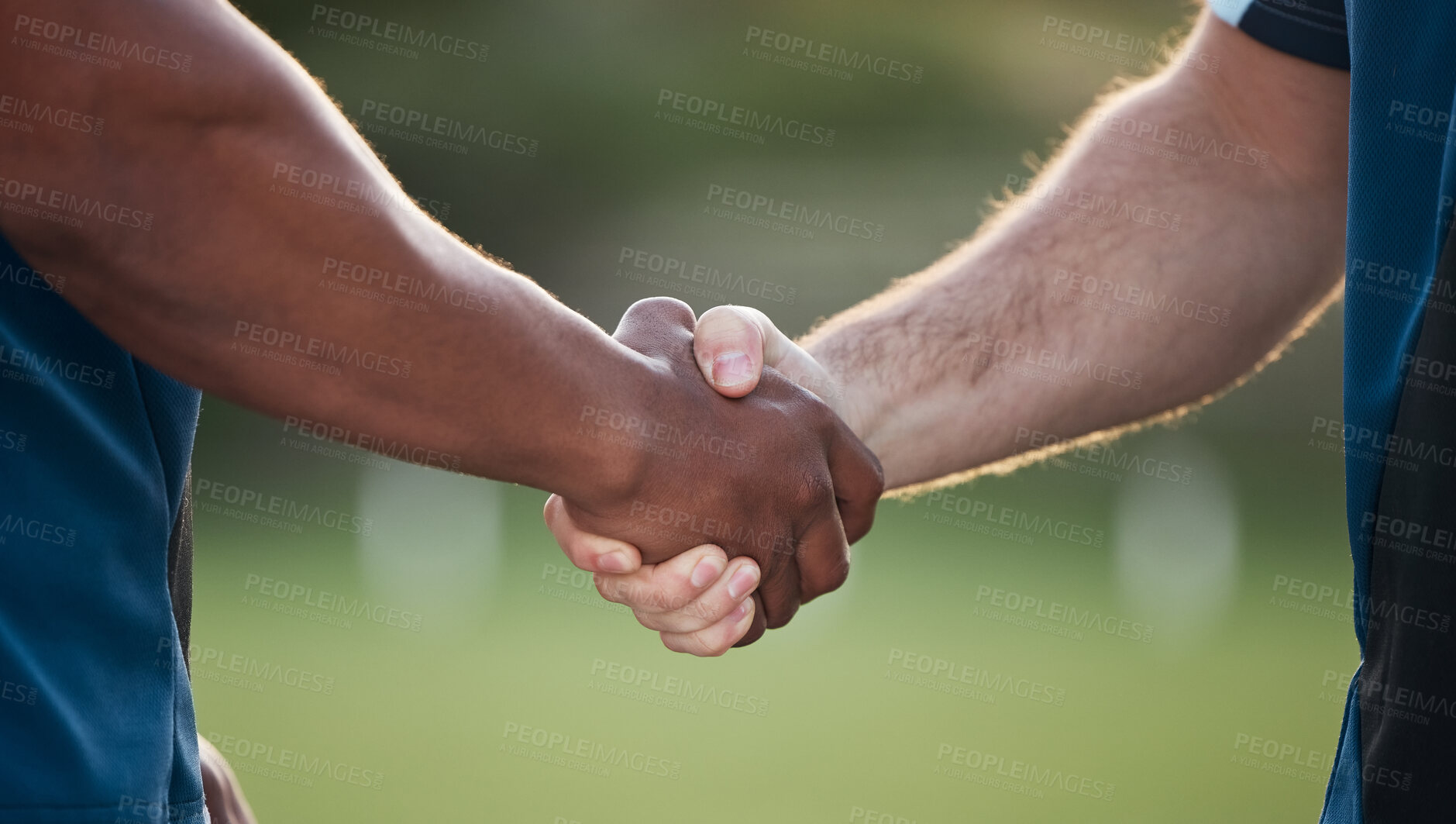 Buy stock photo People, handshake and team sports for motivation, meeting or partnership together in nature. Closeup of athlete shaking hands in fitness, unity or teamwork for training, workout or outdoor exercise