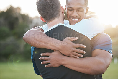 Buy stock photo Outdoor, hug and sports with men, celebration and teamwork with fitness, exercise and motivation. People, friends and players embrace, field and championship with achievement, support and partnership