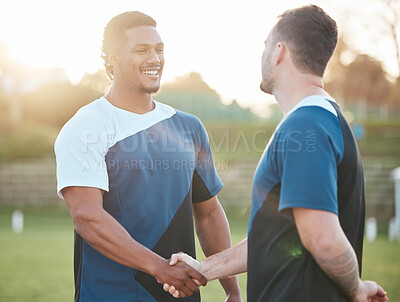 Buy stock photo Cheerleader handshake, field and happy people, team or men greeting, thank you and welcome to sports teamwork competition. Cheerleading agreement, partnership smile and dancer shaking hands on pitch