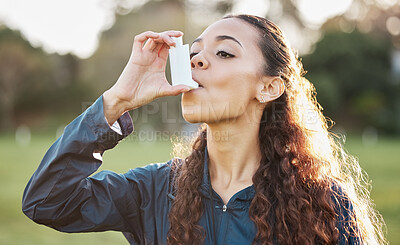 Buy stock photo Health, woman and asthma pump outdoor to breathe on sports field in nature for lungs risk or breathing. Fitness, person and hand holding inhaler for wellness, relief and oxygen for prescription