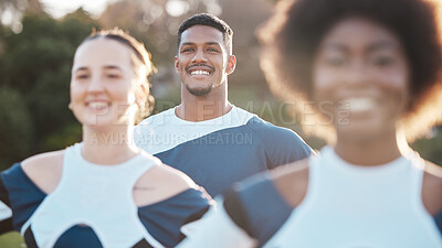 Buy stock photo Cheerleader team, happiness and field people ready for sports competition support, dance or outdoor routine. Cheerleading, group smile and dancer performance, teamwork practice or fitness contest