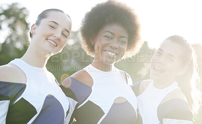 Cheerleader, happy and portrait of women for performance, dance and motivation for game. Teamwork, dancer and people in costume cheer for support in match, competition and sports event outdoors