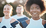 Team, sport and black woman portrait with diversity, happy and smile from workout outdoor for training. Female person, wellness and healthy young people with fitness community together in a field